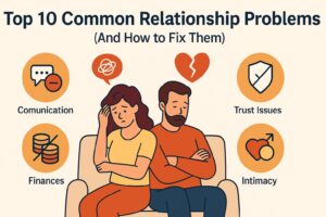 Illustration of a couple facing relationship problems with icons showing common issues like communication, trust, finances, and intimacy.