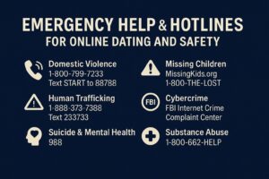Emergency Help & Hotlines card for online dating safety has emergency and hotlines phone numbers email and text number