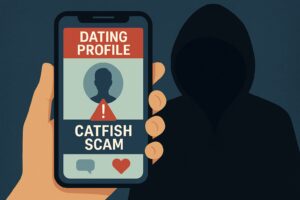 Cell phone in a hand displayed on it says dating profile catfish scam.