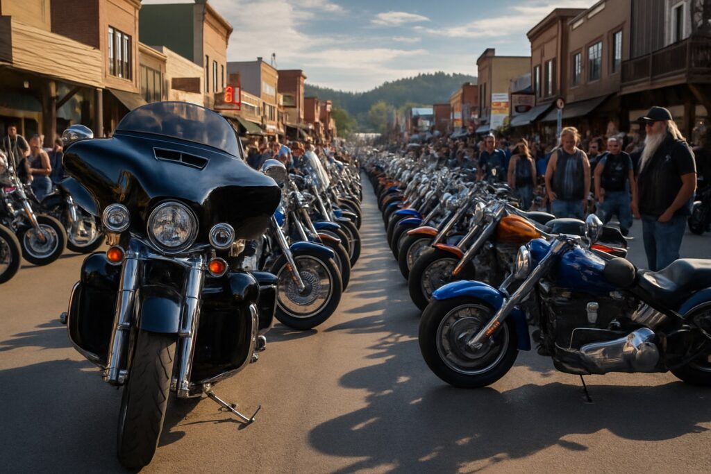 Motorcycles lined up on a main street during a bustling rally event.